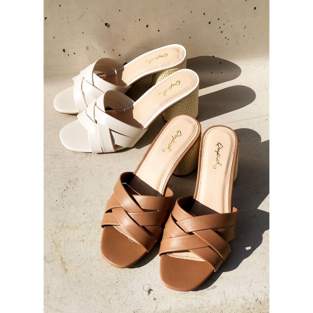NEW Multi Crisscross Straps Natural Raffia Oval Block Heel Slip On Slide Sandals - Picture 10 of 12